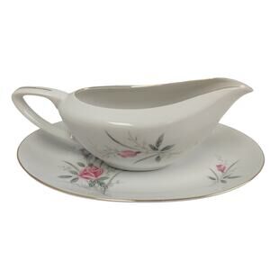 Vintage Golden Rose Flower Gold Rim Gravy Boat Fine China Japan w Saucer Plate